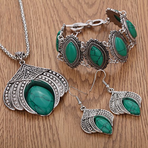 YAZILIND Jewelry Sets Silver Plated Retro Green Synthesis-Turquoise Flower Pendant Necklace Drop Earrings Bracelet - Thumbnail 5