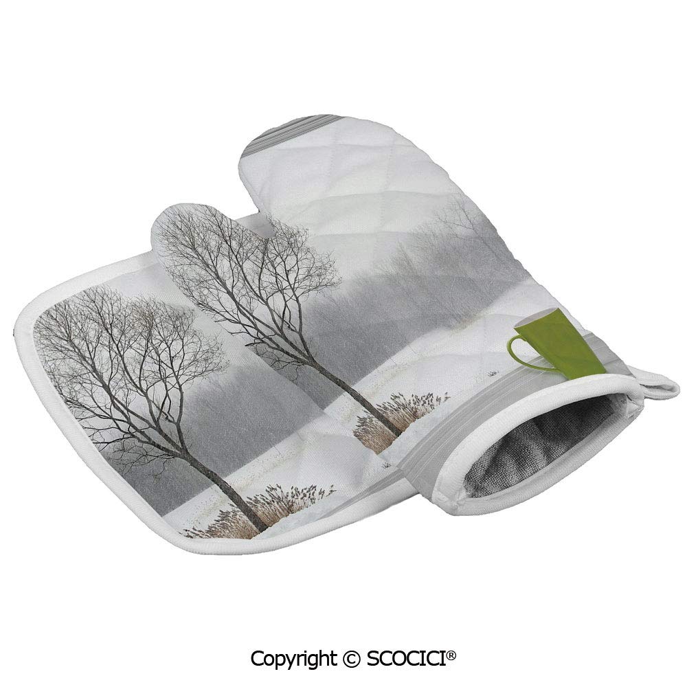 SCOCICI Oven Mitts Glove - Green Teacup on a Windowsill Forest Outdoors February Snowstorm Scenic Heat Resistant, Handle Hot Oven Cooking Items Safely