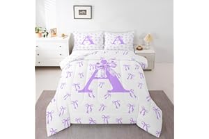 Erosebridal Initial Letter A Bedding Set Full Cute Monogrammed Bowknot Comforter Set for Kids Boys Girls Purple Bow Princess 