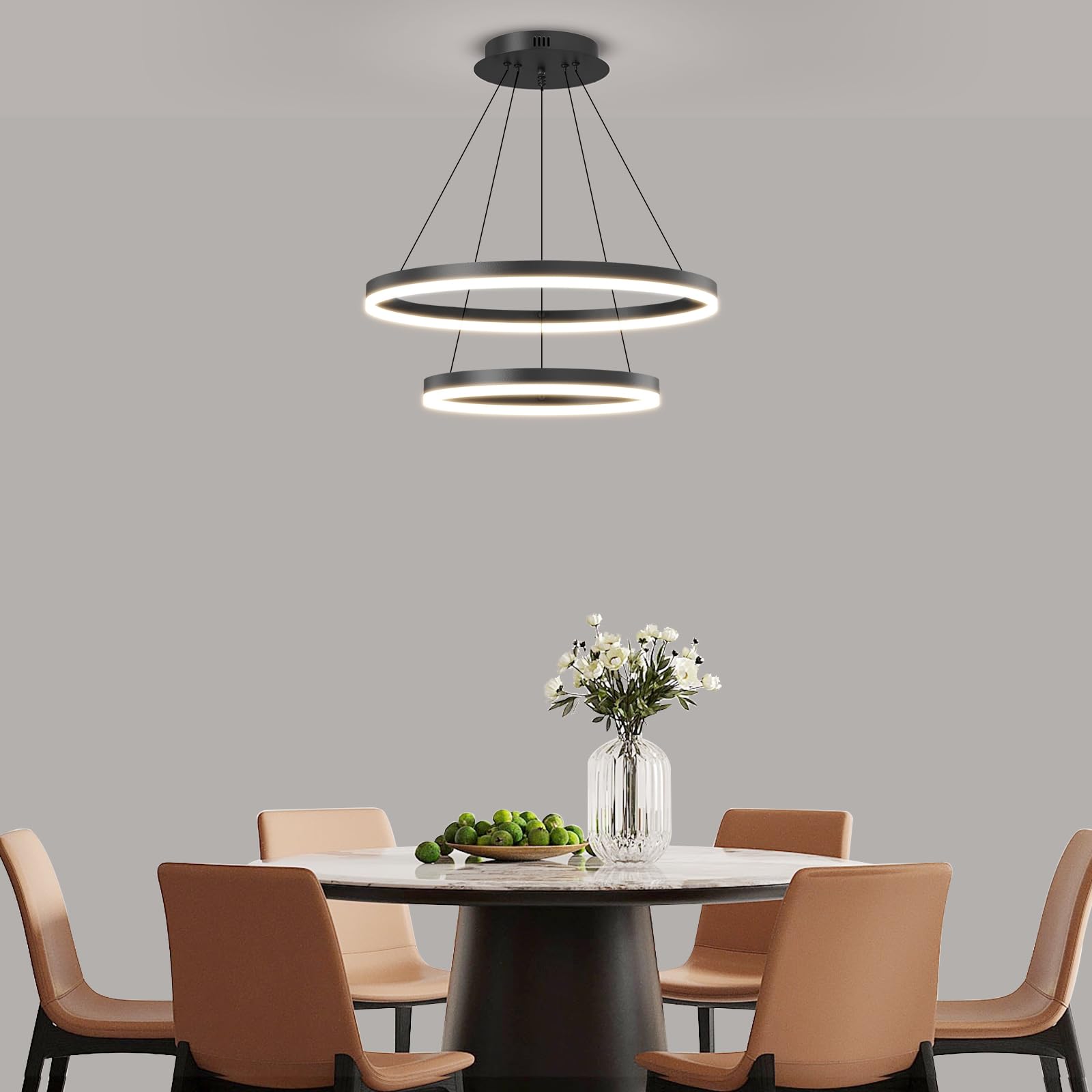 Photo 1 of 2 Ring Dimmable LED Modern Chandelier, Adjustable Hanging Foyer Pendant Light for Kitchen Island, Living Room, Entryway, 3000K-6500K Black Ceiling Pendant Light Fixture Over Dining Table Lighting