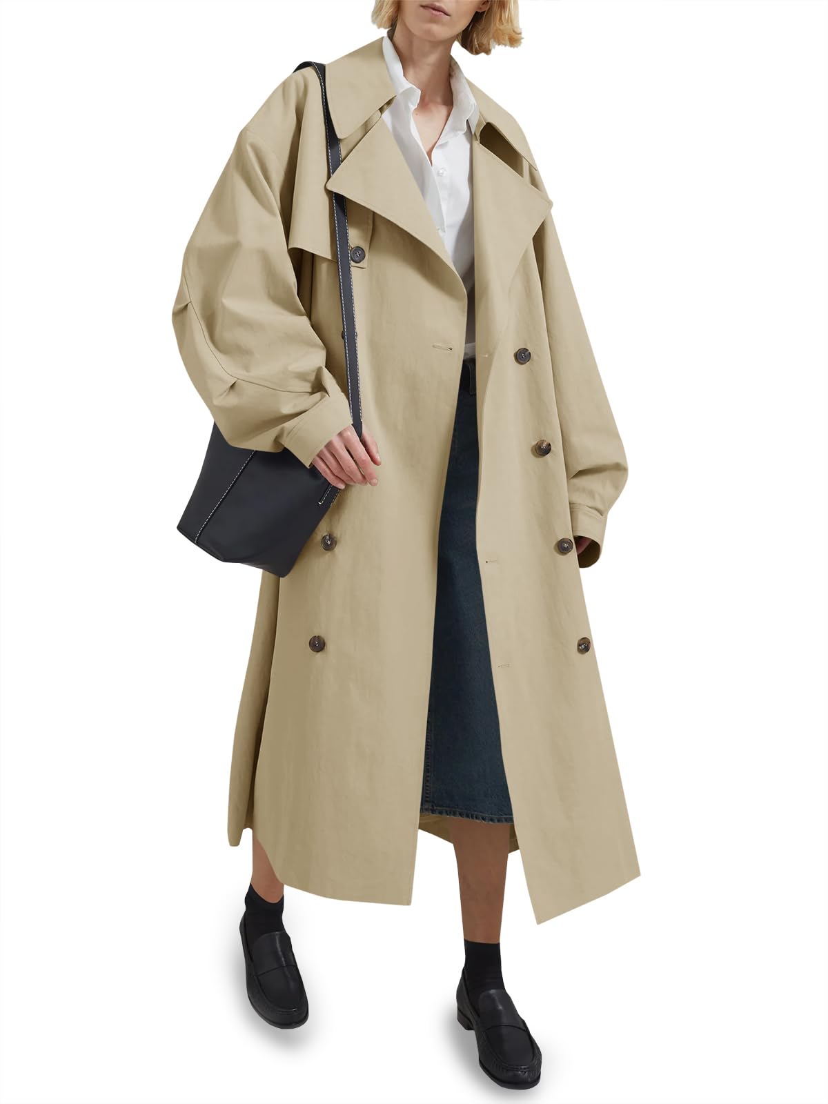 Photo 1 of Tankaneo Womens Double Breasted Long Trench Coat Oversized Classic Lapel Belted Overcoat