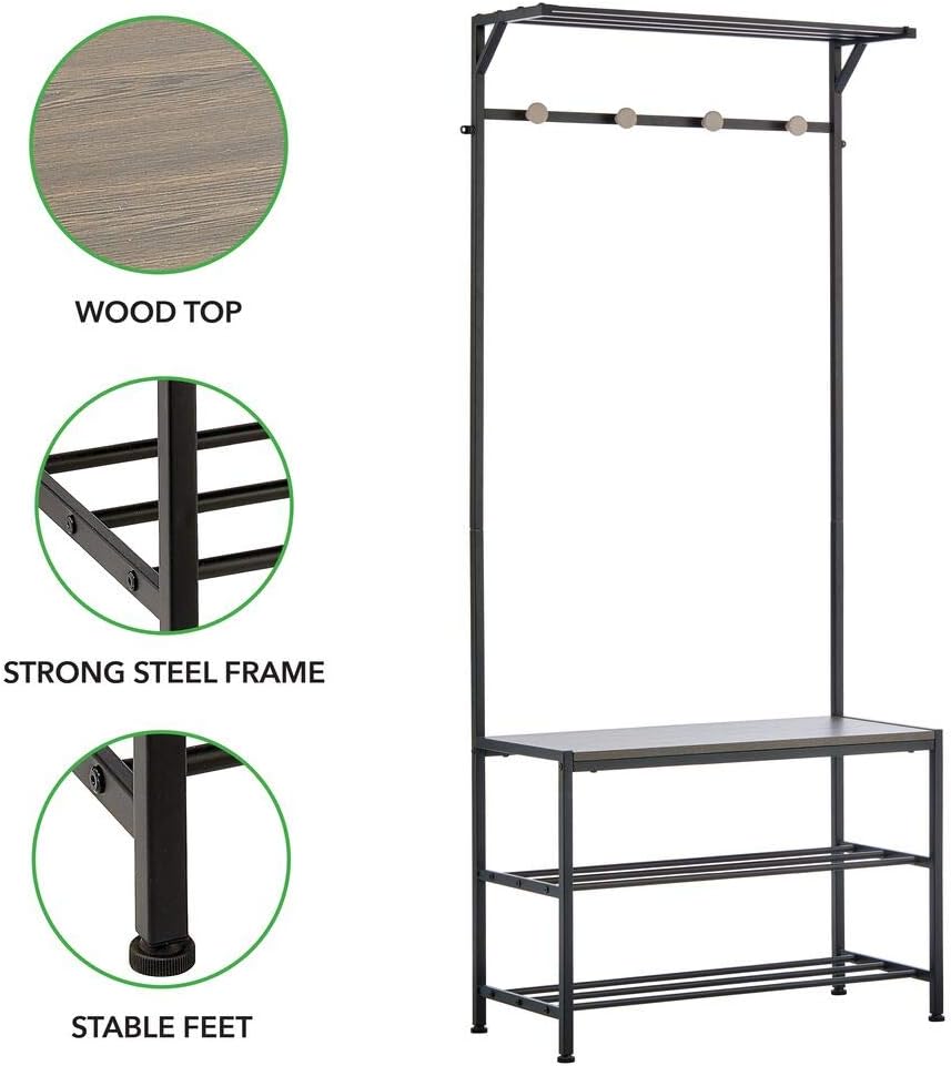 mDesign Coat Rack and Bench Organizer System Storage Unit, 4 Hooks Holds Jackets, Scarves, Purses, Hats, Leashes, Shoes, Boots for Bedroom, Hallway, Entryway 2-Tier Storage Bench- Black/Gray Wood Wash: Home & Kitchen