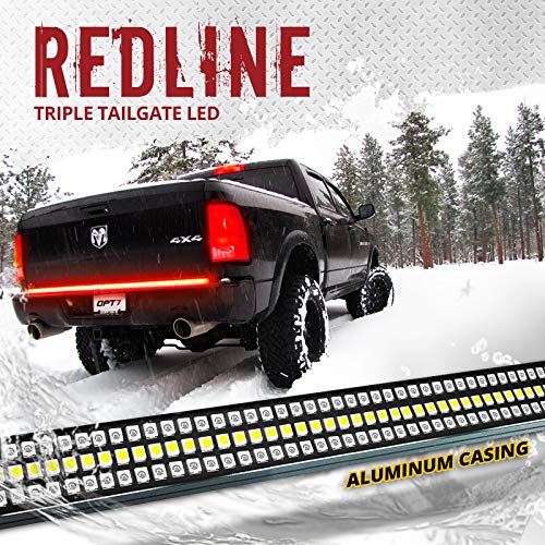 OPT7 60" Redline Triple LED Tailgate Light Bar w/Sequential RED Turn Signal - 1,200 LED Solid Beam - Weatherproof No Drill Install - Full Function Reverse Brake Running 2yr Warranty