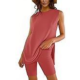 Outfeel Women Two Piece Short Set Summer Sweatsuit Beach Outfits Sleeveless Tunic Top and Shorts Lounge Set