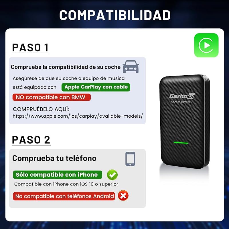 Adaptador sem fio carlinkit 3.0 carplay compatível com audi/porsche/volvo/mercedes/vw/kia/hyundai, configuração de dois fios