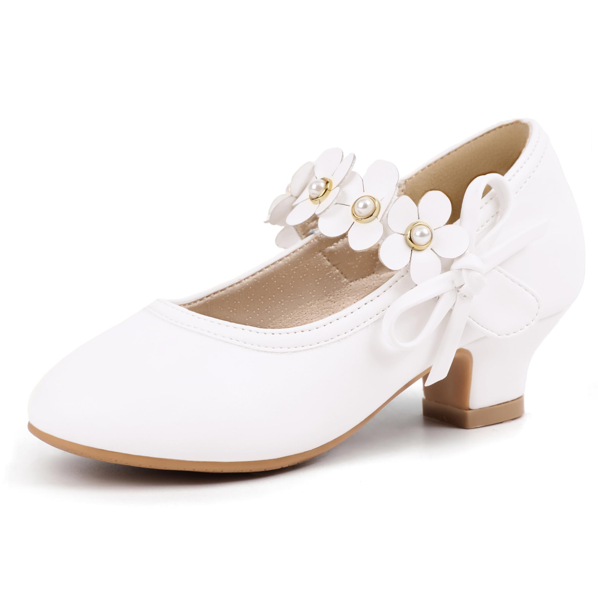 PANDANINJIA Girls Dress Shoes White Kids Toddler Heels Pumps Size 11 Flower Girl Mary Jane School Wedding Party Doris Shoes Image