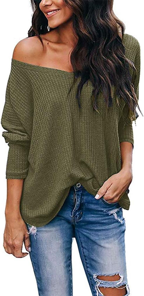 LuckyMore Women's Casual V-Neck Off Shoulder Batwing Sleeve Pullover Waffle Knit Blouse Loose Top Shirt