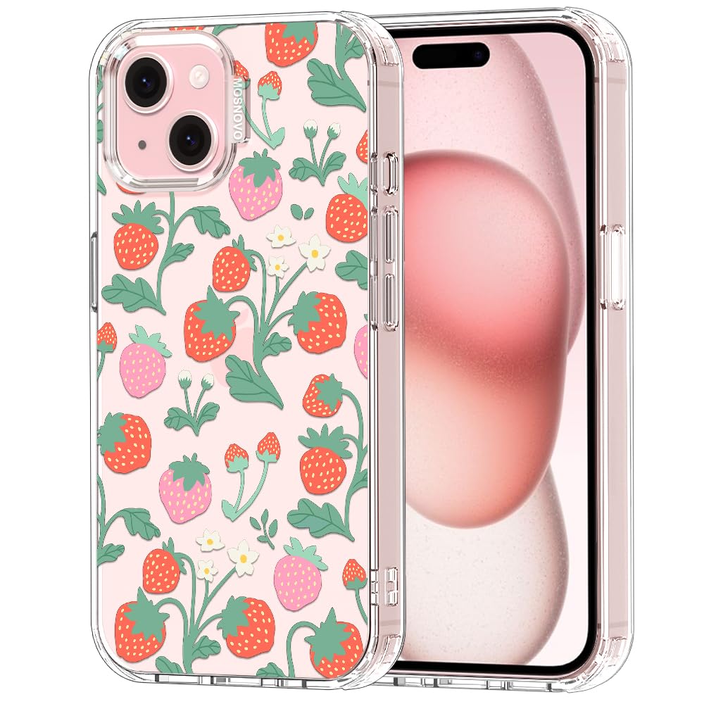 MOSNOVO Case for iPhone 15, [Buffertech 6.6ft Military-Grade Drop Protection] [Anti Peel Off Tech] Clear TPU Bumper Phone Case Cover Design - Strawberry Garden — image 1