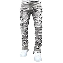 Kodaruber Mens Stacked Jeans Slim Fit Ripped Skinny