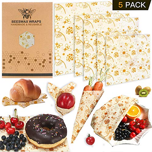Beeswax Food Wraps Pack of 5, Handmade and Waterproof Reusable Sandwich and Food Wrap Set, Sustainable and Washable Wraps To Keep Food Fresh in 2 Small, 2 Medium, 1 Large Size