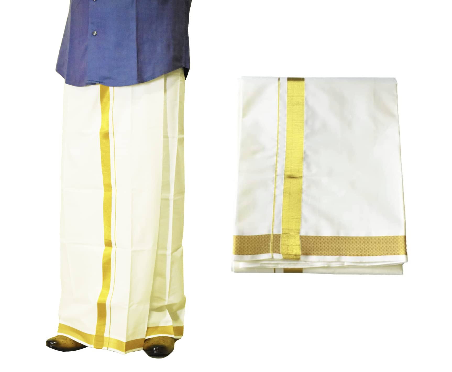 Cotton Cream Color Dhoti Vesti Mundu Single Layer with Golden Border Traditional Ethnic Wear for Religious Occasion Wedding Puja Rituals and Gifting (Cream Color with Golden Zari Border - 2 meters)