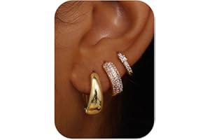 LOLIAS Small 14K Gold Plated Chunky Hoop Earrings for Women Hypoallergenic Silver Earrings Set for Sensitive Ears Non Tarnish Huggie Hoops Earring Stacks for Multiple Piercing Jewelry Lightweight 3Pairs