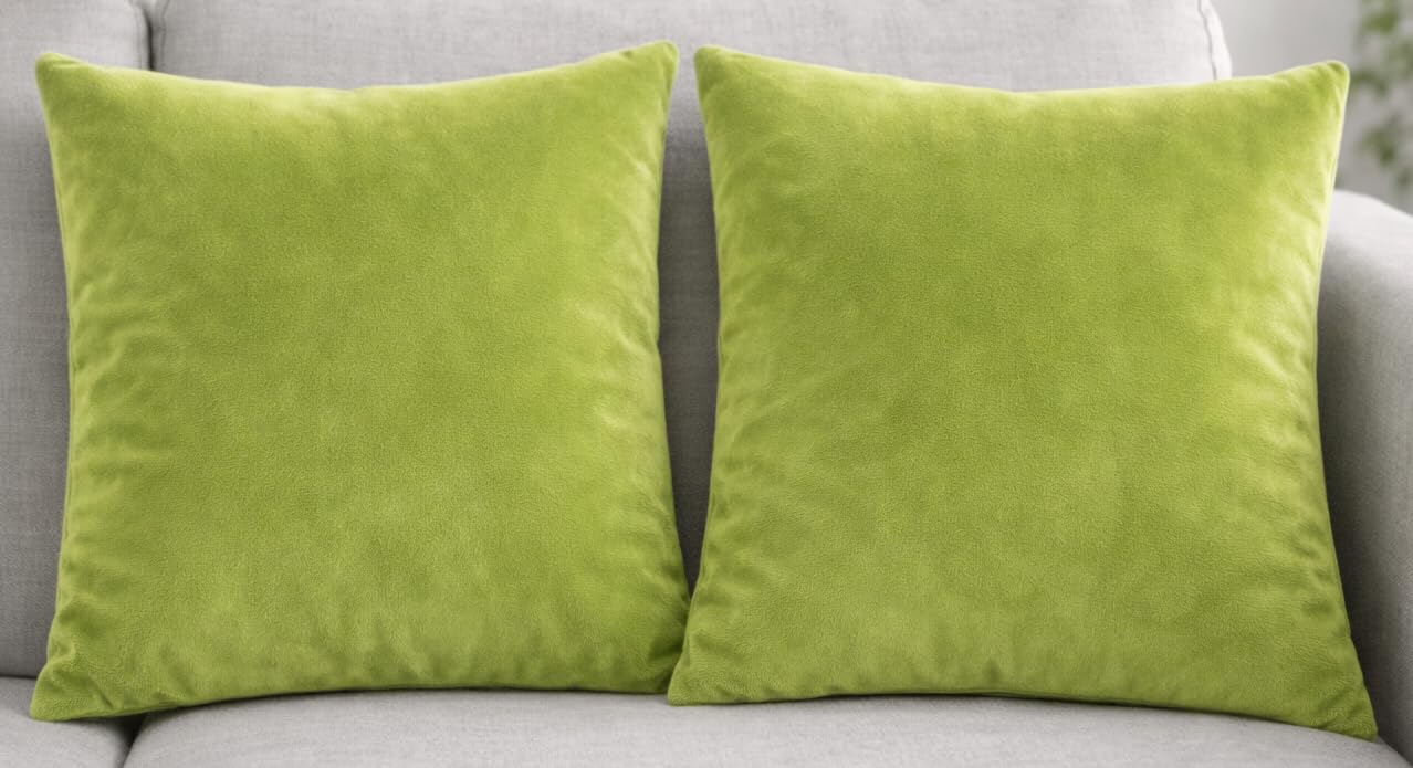 Seechoo Velvet Cushion Covers, Set of 2, 45cm x 45cm, 18x18 Inch, 17 Colours, Extra Soft Plush, Decorative, Invisible Zipper (Lime Green)