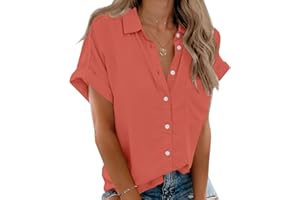 Beautife Womens Short Sleeve Shirts V Neck Collared Button Down Shirt Tops with Pockets