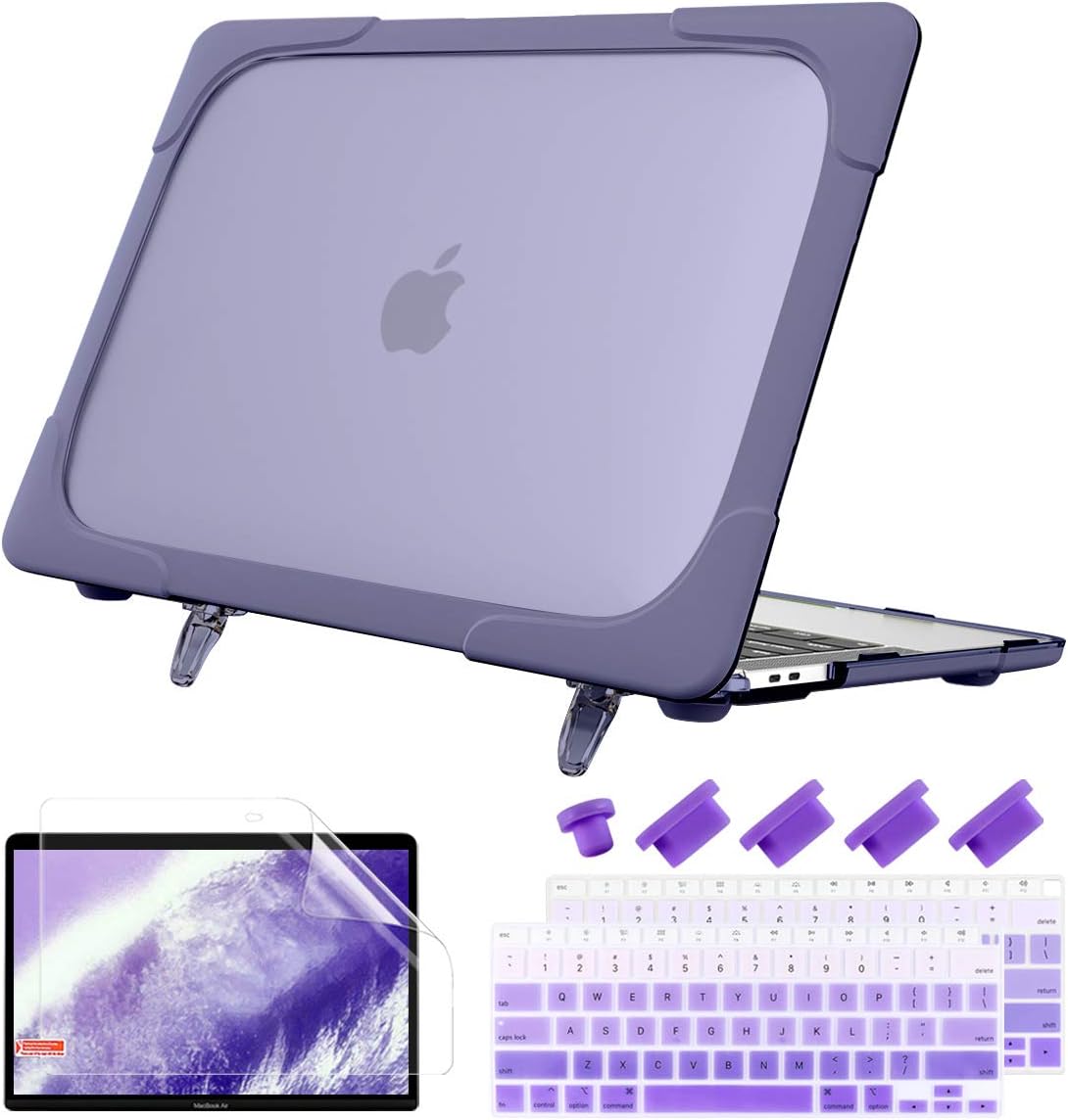 Batianda Shockproof Matte Case for MacBook Air 13 Inch 2020 2019 2018 Model A2337 M1 A2179 A1932 with Touch ID, Heavy Duty Hard Shell Case with Fold Kickstand & Keyboard Cover Skin, Lavender Gray