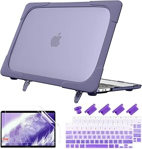 Batianda Shockproof Matte Case for MacBook Air 13 Inch 2020 2019 2018 Model A2337 M1 A2179 A1932 with Touch ID, Heavy Duty Hard Shell Case with Fold Kickstand & Keyboard Cover Skin, Lavender Gray
