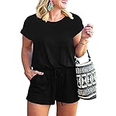 Nemidor Plus Size Rompers for Curvy Women Casual Summer One Piece Short Sleeve Loose Elastic Waist Jumpsuit with Pocket