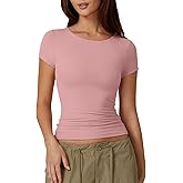 QINSEN Women's Crew Neck Short Sleeve Tees Double Lined Slim Fit T Shirt Basic Y2K Tops