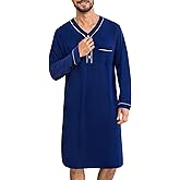 SWOMOG Men's Nightshirt Long Sleeve Nightgown Soft Loose Sleepwear Lightweight Nightwear Comfy Henley Sleep Shirt M-3XL