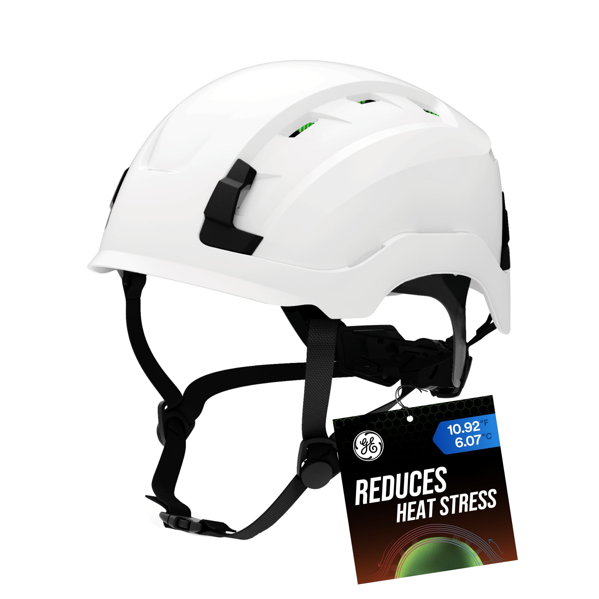 Photo 1 of GE Safety Helmet, Impact Absorbing Tech, Adjustable Ratchet, ANSI Type 1, Memory Foam Padding, Hard Hats Protection, Lightweight, Durable, Chin Strap - White, Class C (Vented), OSHA Approved