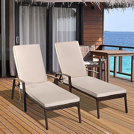 Amazon Com Costway 2pcs Patio Rattan Lounge Chair Garden Furniture Adjustable Back W Cushion Garden Outdoor