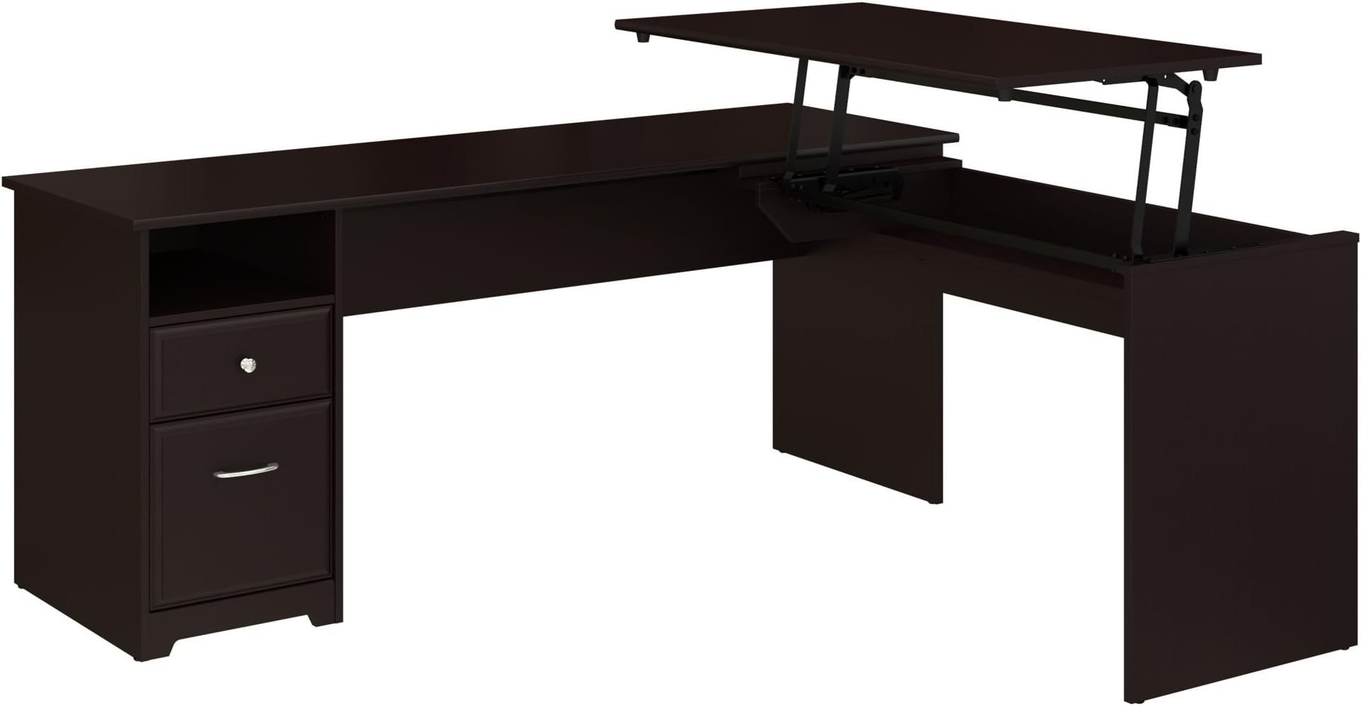 Bush Furniture L Shaped Desk with Drawers and Lift-n-Lock | Cabot Collection Sit to Stand Corner Table with Storage, 72W, Espresso Oak