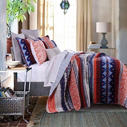 3 Piece Modern Reversible Bohemian Quilt Set in Red / Navy / Orange / Brown / Blue Stripes and Geometric Patterns - King Size