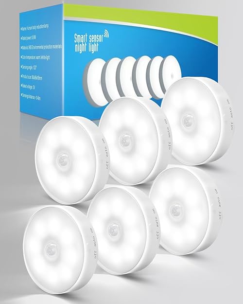 KALAHOL Motion Sensor Lights Indoor, 6 Pack Cupboard Light, Stair Lights Night Light, 3 Modes USB Charging Wall, Magnetic for Kitchen Stair Closet Under Cabinet