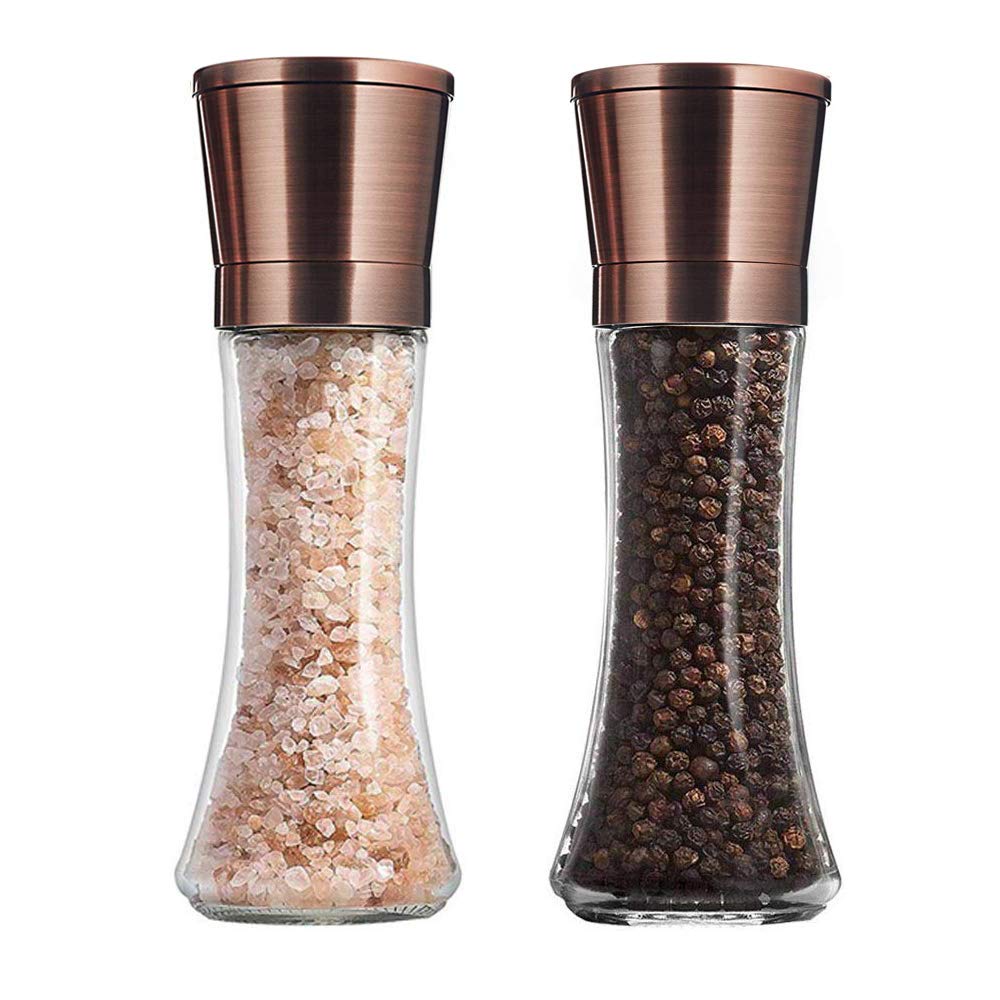Golden Salt and Pepper Grinder - Premium Stainless Steel Mill with Adjustable Coarseness - Glass Body with Ceramic Grinder (Gold T22)