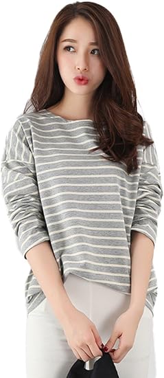 Amazon Lecpra レクプラ ゆったり ボーダー ボートネック ロング Tシャツ カットソー トップス レディース 長袖 Tシャツ カットソー 通販