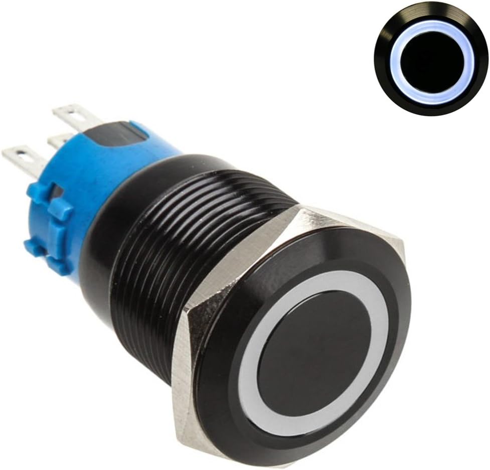 Lamptron Black Vandal-Resistant Switch, 19mm Face, Latch Type, Ring Illuminated, White