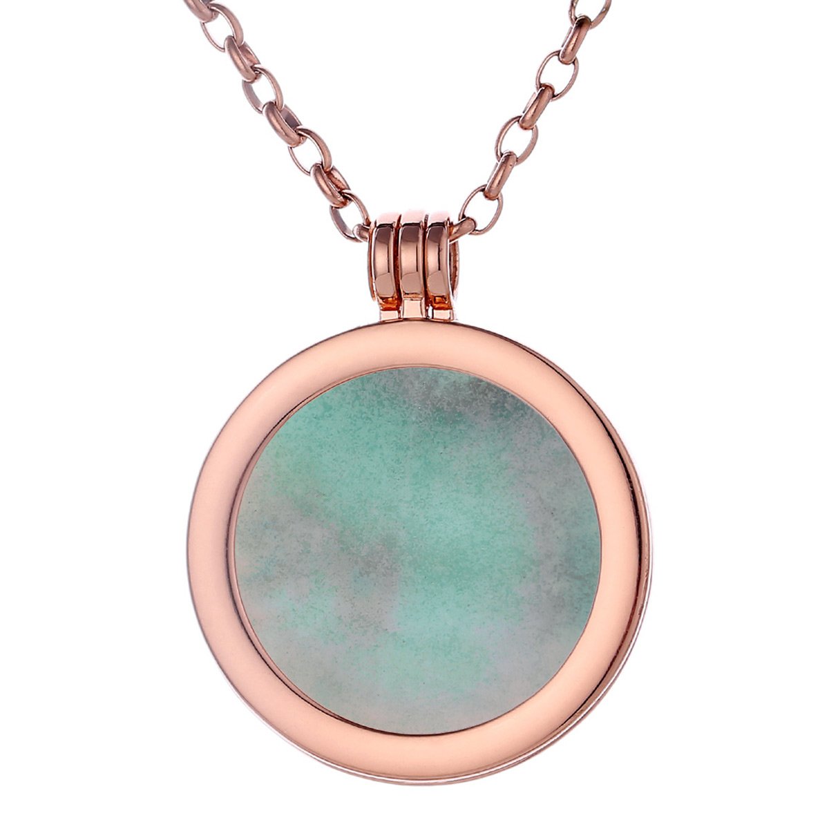 Morella Women Necklace 70 cm 27.5" Stainless Steel Rose Gold and Pendant with Gemstone Amazonite Coin 33 mm 1.3" Chakra Plate in Velvet Bag