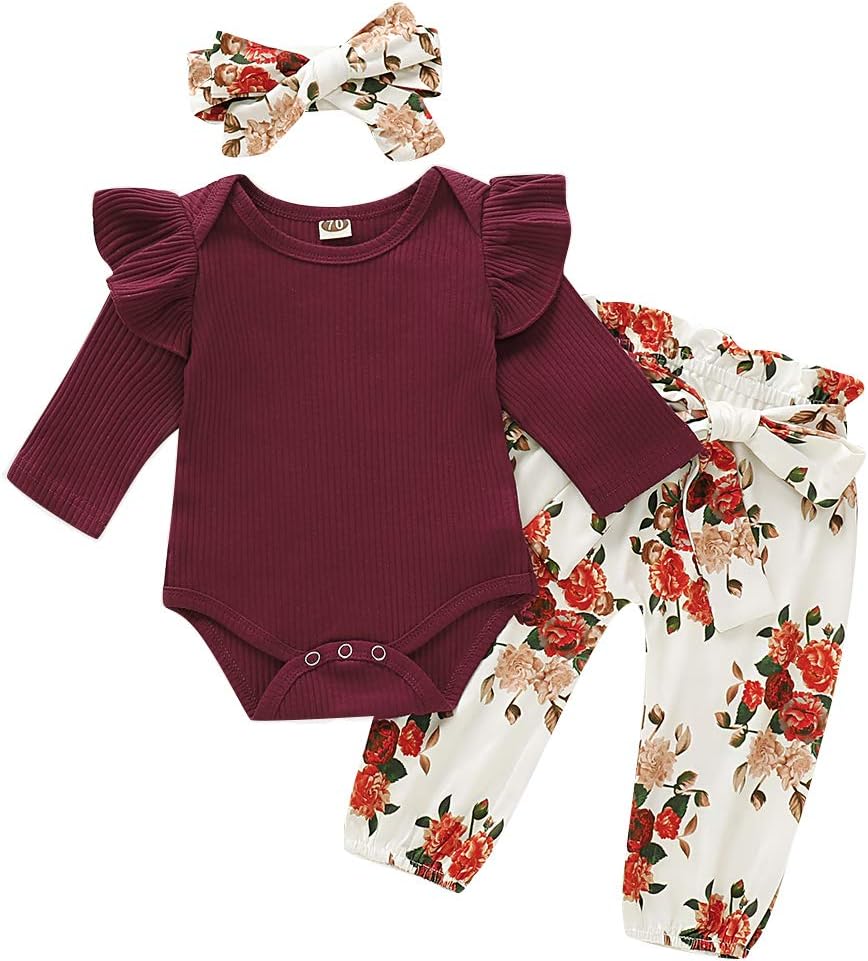 CARETOO 3Pcs Baby Girls Bodysuit Tops Outfits Set, Soft Cotton Infant Girl Long Sleeve Clothes Sets