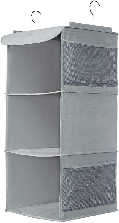 BrilliantJo Hanging Wardrobe Organizer 3 Shelves 4 Pockets Fabric Grey