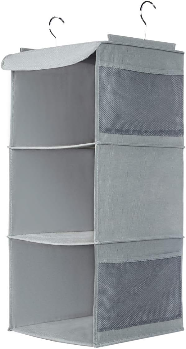 BrilliantJo Hanging Wardrobe Organizer 3 Shelves 4 Pockets Fabric Grey
