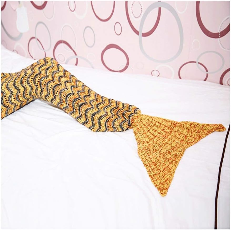 RKRQGQ Handmade Mermaid Tail Blanket, All Seasons Warm Knitted Bed Blanket Sofa Quilt Living Room Sleeping Bag for Adults, Wave Pattern (Color : Yellow, Size : 180x90cm)