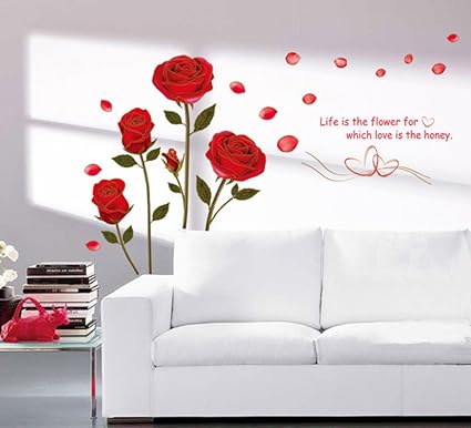 Decals Design Romantic Rose Flowers Wall Sticker (PVC Vinyl, 50 cm x 70 cm, Multicolour)