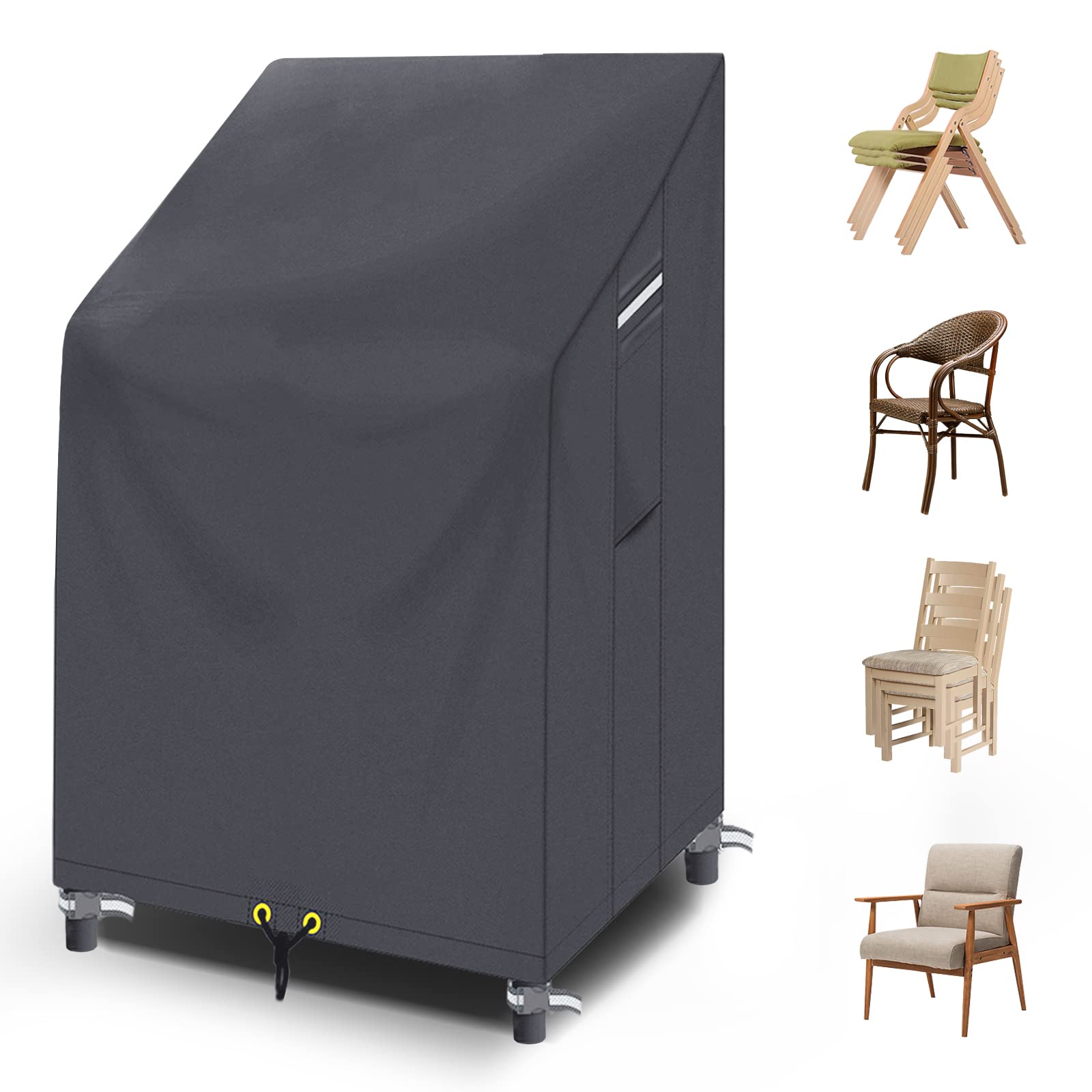 RICHIE Stacking Chair Cover Waterproof, Garden Chair Covers with Air Vent, Outdoor Patio Chairs Cover, Windproof, Anti-UV Heavy Duty 600D Oxford Reclining Garden Chair Cover 65x65x120/80cm, Grey