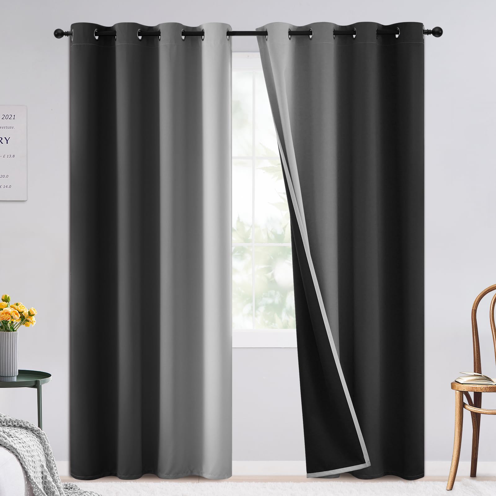 SimpleHome Ombre 100% Blackout Curtains for Bedroom 84 Inches Long, Black and Greyish White Room Darkening Thermal Insulated Grommet Curtain/Drapes for Living Room,2 Panels, 52x84 inches Length