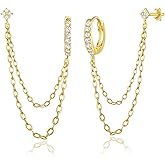 COARVXA 925 Sterling Silver Gold Plated Four Zircons Flower Stud Chain Earrings | Double Piercing Dangle Chain Huggie Hoop Earrings | Four Zirconia Stud Earrings Jewelry Gifts for Women