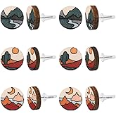 SUNNYCLUE 6 Pairs Wooden Stud Earrings Round Wooden Ear Posts Sun Sunset Moon River Painting Flat Round Charms Painted Pattern Ear Post Stud Earrings for Women Men Fashion Jewelry Gift Supplies
