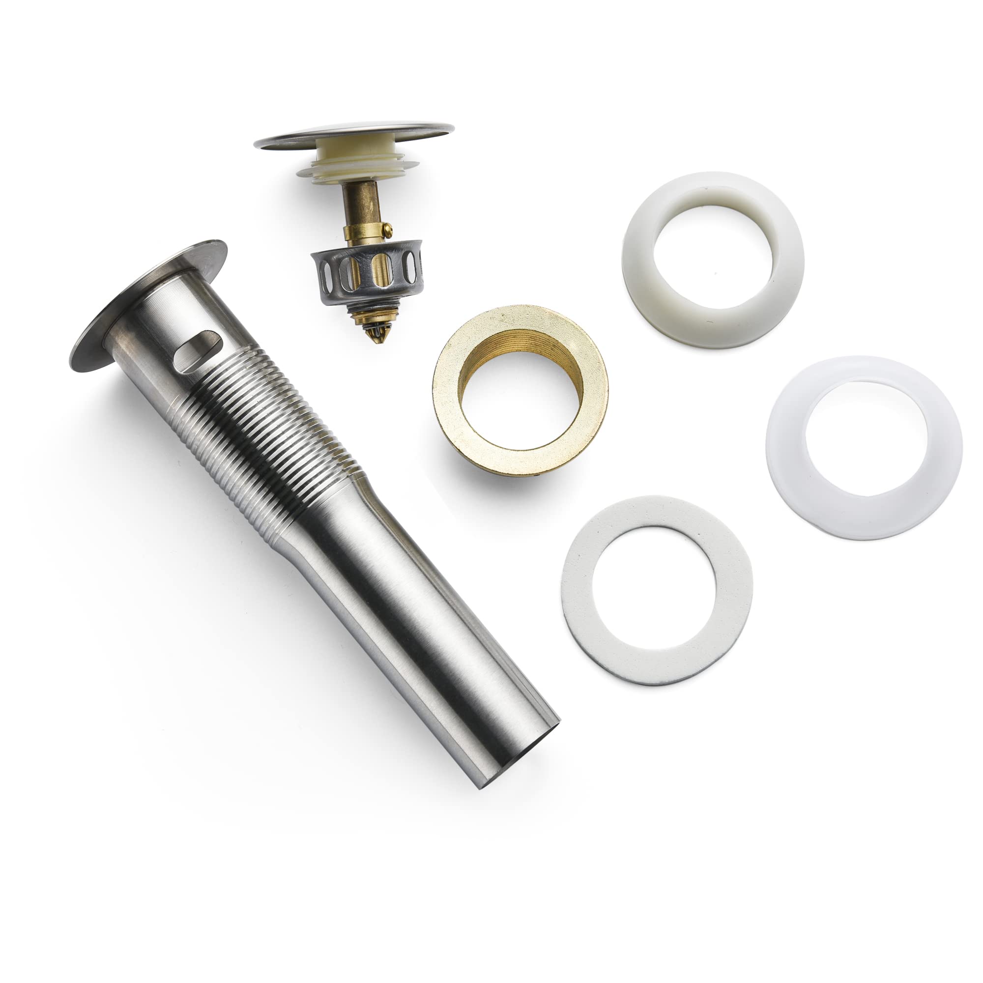 Rockgoya Bathroom Sink Drain,Drain Stopper Bathroom Sink Without Overflow,Pop Up Drain Assembly with Detachable Strainer Basket,Built-in Anti-Clogging Strainer,Stainless Steel Brushed Nickel