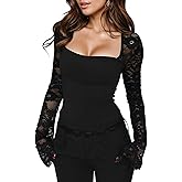 Lace Square Neck Tops for Women, Long Sleeve Lace Trim Floral See Through Top Y2K Going Out Crop Blouse