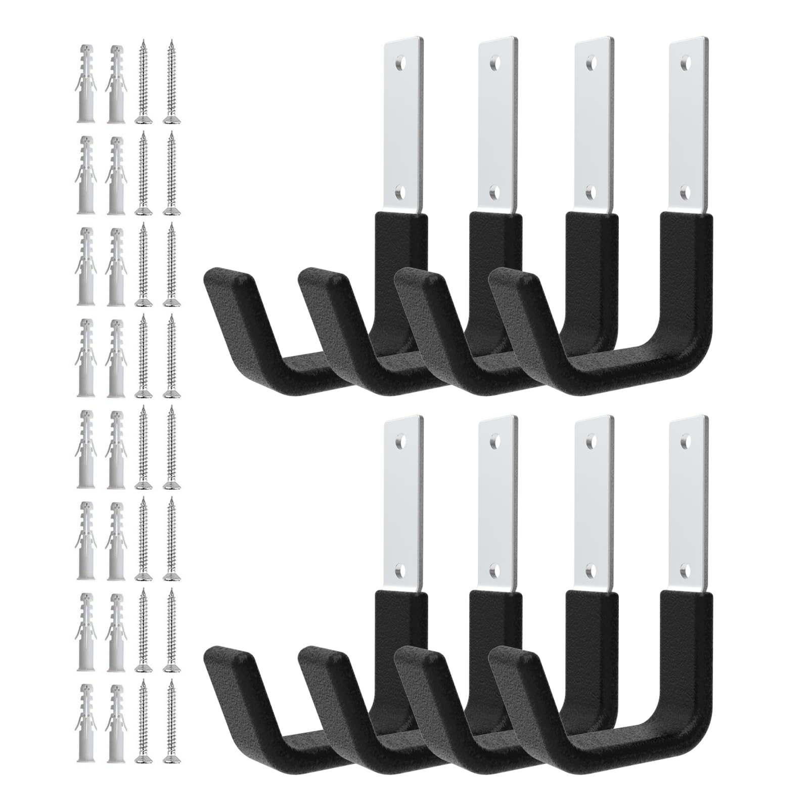Juformin Heavy Duty Utility Hooks for Garage Storage, Wall Mount, 8 Pcs, Silver and Black, Steel Pvc, 50 Lbs Capacity, L-shape, Minimalist Style, Wall Mounted, 8 Count