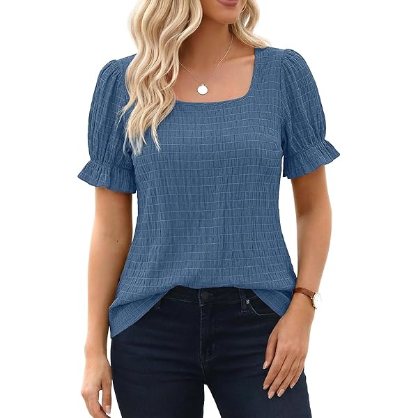 Womens Summer Tops Pleated Square Neck Puff Sleeve Tops Cute Short