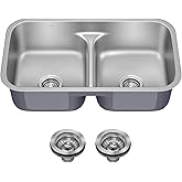 KRAUS Premier 32-inch Undermount 50/50 Double Bowl Low Divider 18-Gauge Stainless Steel Kitchen Sink with Strainers (x2), KBU