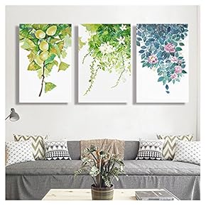 Leaves and Flowers Watercolor Style Painting x3 Panels