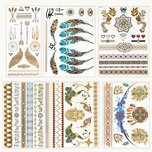 Osportfun 6 Sheets Gold Silver Color Flash Star Feather Golden Metallic Waterproof Temporary Tattoos Art Stickers for Women, Children