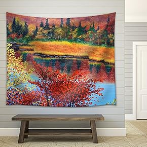 River in Fall Oil Painting on Canvas - Fabric Wall Tapestry Home Decor - 51x60 inches