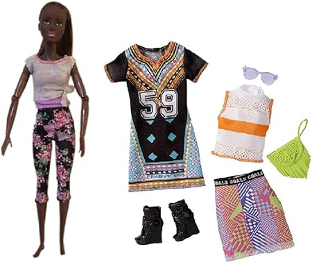 Amazon Barbie Made To Move人形 ダークスキン 17年バージョン ファッショングラフィックデザインパック 倫理的な人形 服のセット おもちゃ おもちゃ
